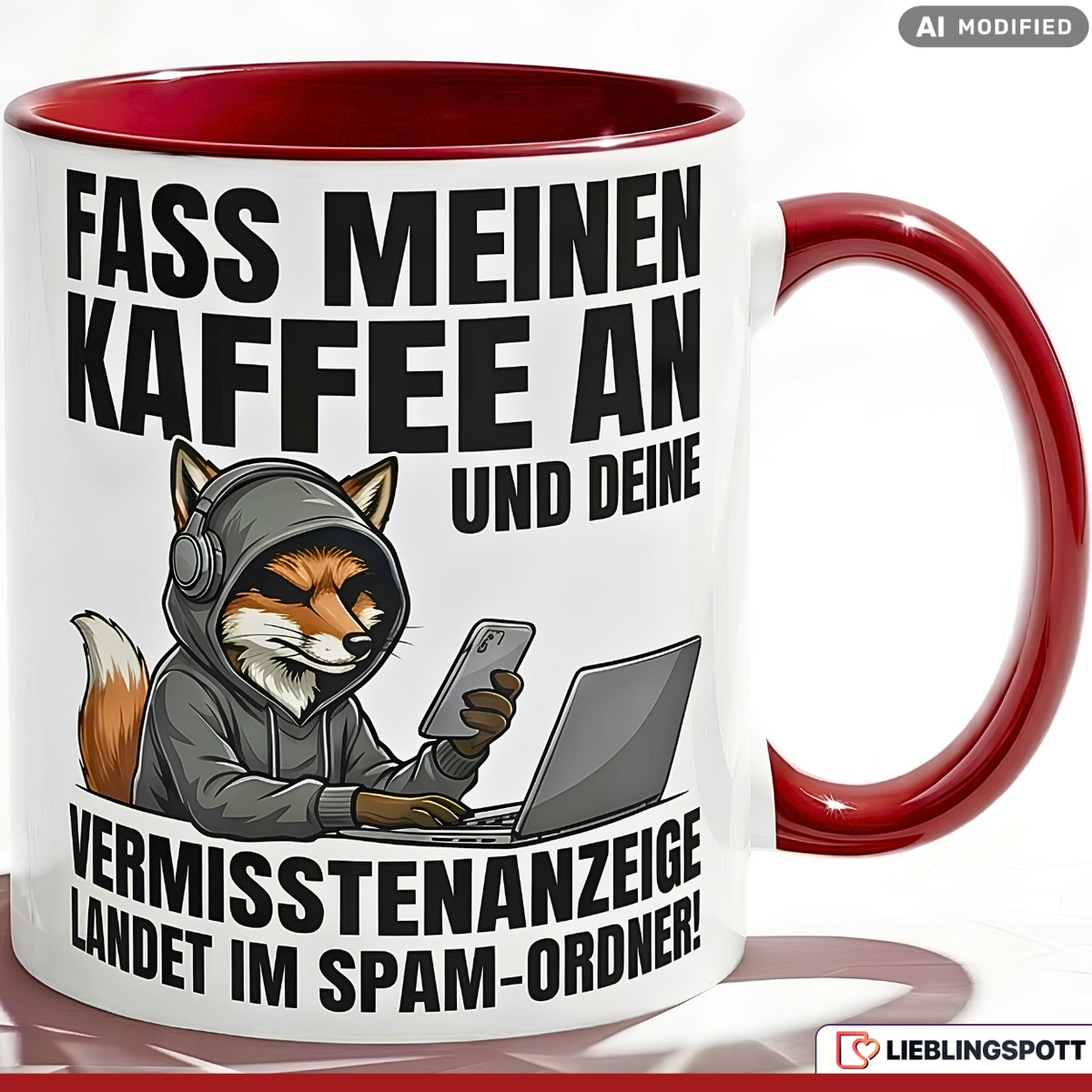 Fuchs Tasse Spruch Fass meinen Kaffee an Vermisstenanzeige landet im Spam-Ordner – Witzige Kaffeetasse Büro Arbeit Job IT Hacker Humor – Geschenk Kollegen – Keramik Becher 330ml