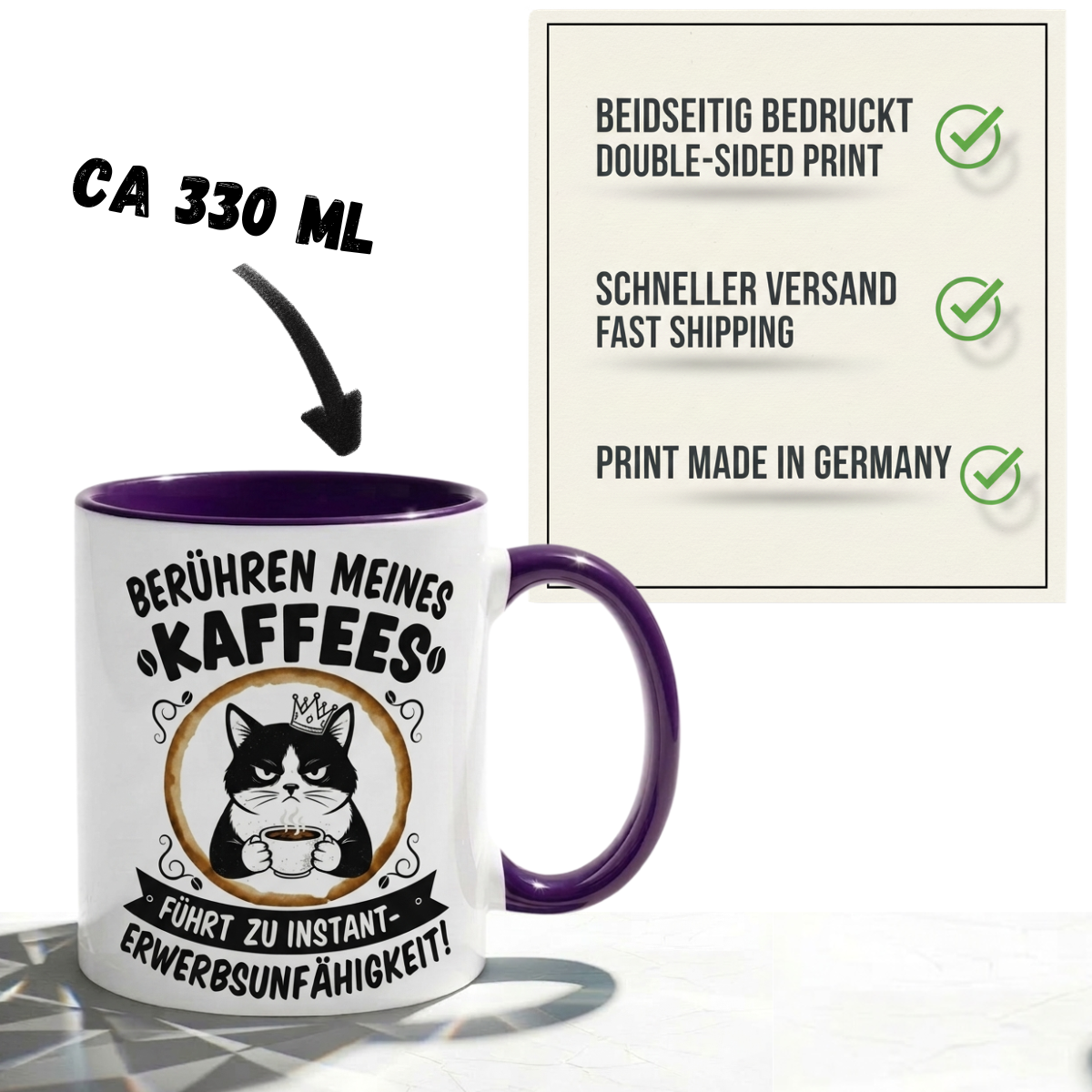 Lustige Katze Tasse Spruch Berühren meines Kaffees führt zu instant Erwerbsunfähigkeit – Witzige Kaffeetasse Büro Arbeit Job Humor – Geschenk Kollegen – Keramik Becher 330ml