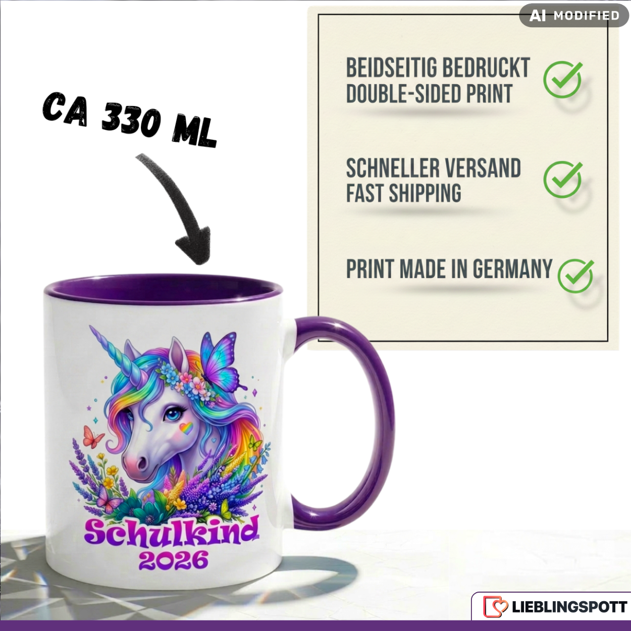 Schulkind Tasse Einhorn Geschenk Einschulung 2026 Lila Becher 330ml