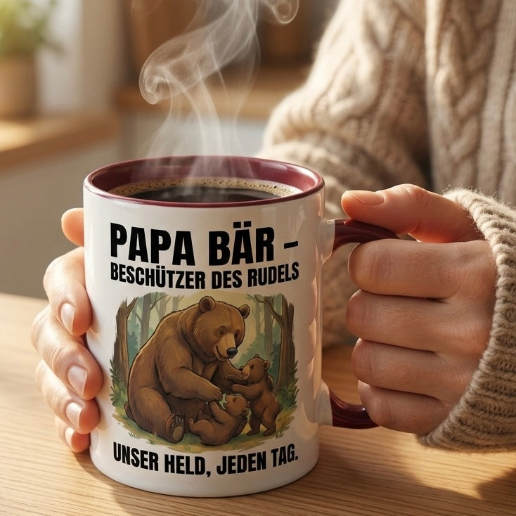 Papa Tasse Spruch Papa Bär Beschützer des Rudels Unser Held jeden Tag – Geschenk für Vater zum Vatertag Geburtstag Weihnachten – Liebevolle Kaffeetasse Bären Motiv – Keramik Becher 330ml