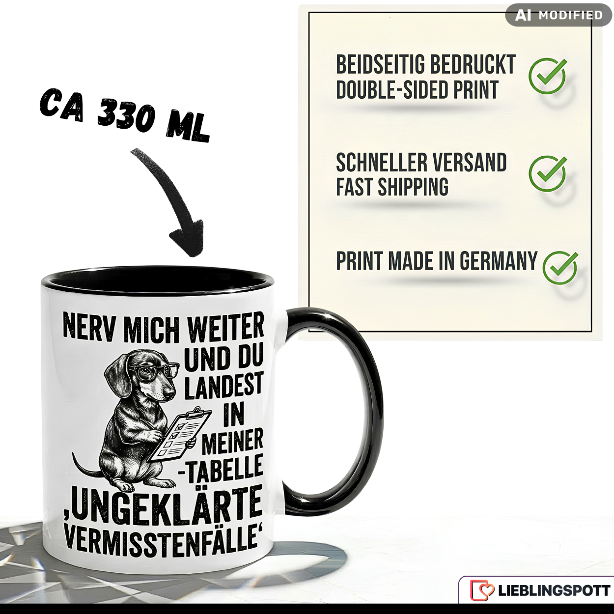 Dackel Tasse Spruch Büro Geschenk Kollege Schwarzer Becher 330ml