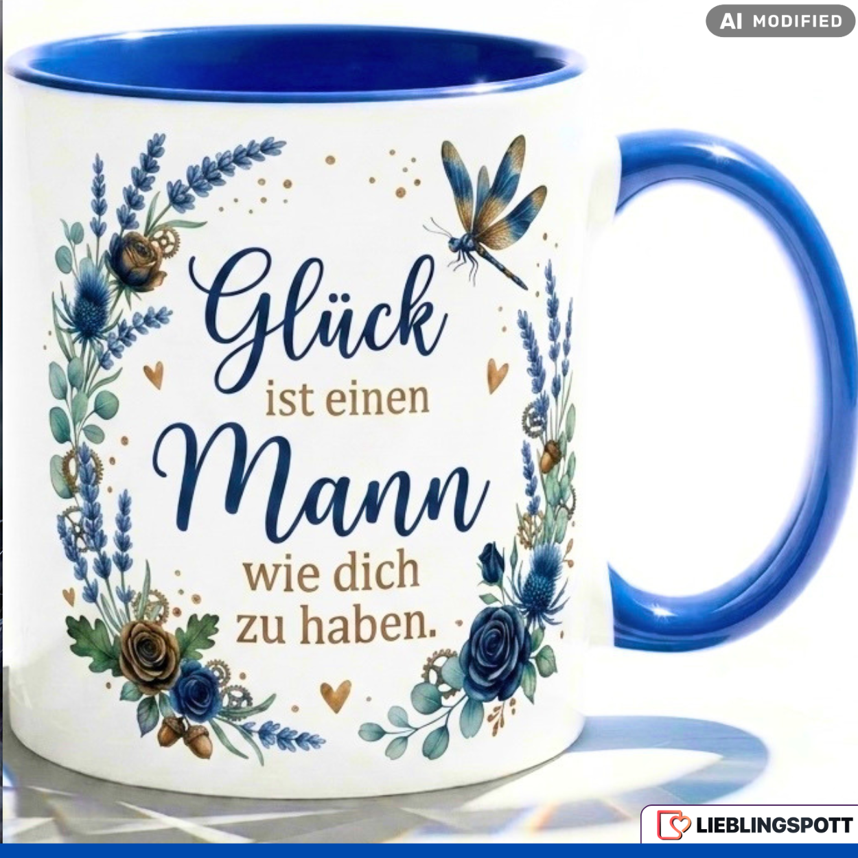 Mann Tasse Spruch Glück Geschenk Jahrestag Geburtstag Blau Becher 330ml