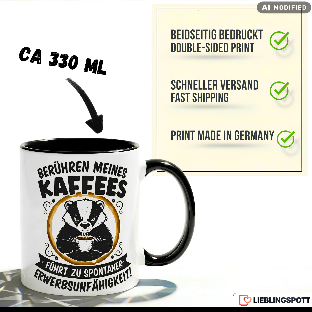 Lustige Dachs Tasse Spruch Berühren meines Kaffees führt zu spontaner Erwerbsunfähigkeit – Witzige Kaffeetasse Büro Arbeit Job – Geschenk Kollegen Chef Humor – Keramik 330ml