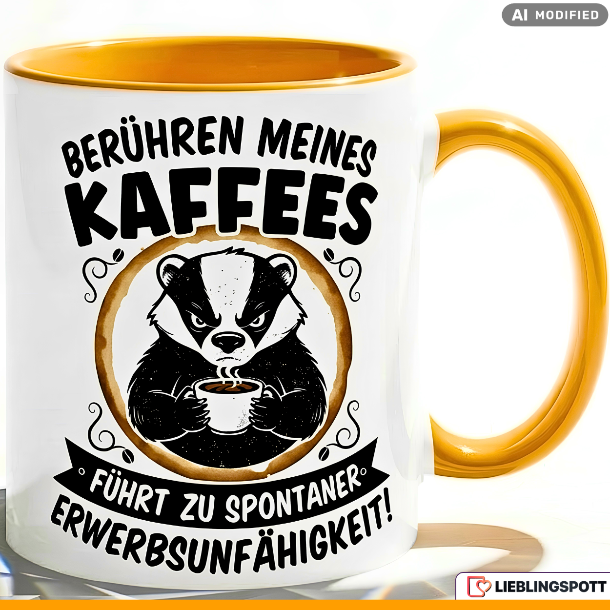 Lustige Dachs Tasse Spruch Berühren meines Kaffees führt zu spontaner Erwerbsunfähigkeit – Witzige Kaffeetasse Büro Arbeit Job – Geschenk Kollegen Chef Humor – Keramik 330ml