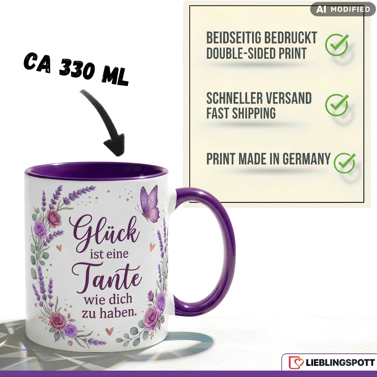 Tante Tasse Spruch Glück Geschenk Danke Geburtstag Lila Becher 330ml