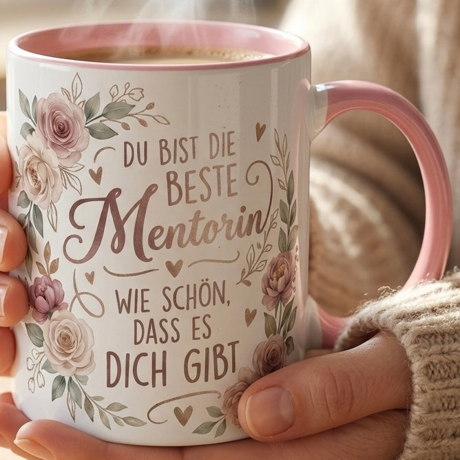 Mentorin Tasse Spruch Du bist die beste Mentorin Wie schön dass es dich gibt – Geschenk für Vorgesetzte Geburtstag Danke Abschied Weihnachten – Kaffeetasse Blumen – Keramik Becher Weiß Lila 330ml