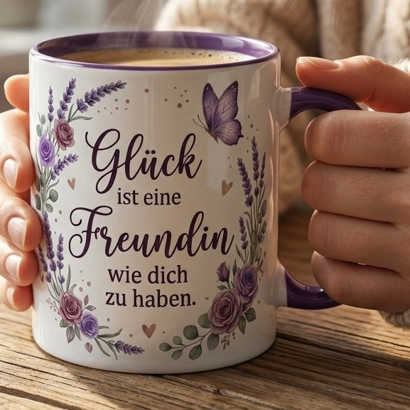 Freundin Tasse Spruch Glück ist eine Freundin wie dich zu haben – Geschenk für beste Freundin Geburtstag Danke Weihnachten Abschied – Kaffeetasse Lavendel – Becher Weiß Lila 330ml