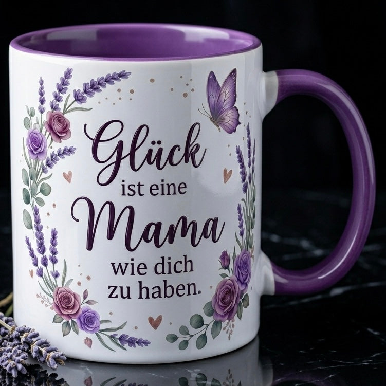 Mama Tasse Spruch Glück ist eine Mama wie dich zu haben – Geschenk für Mutter Muttertag Geburtstag Danke Weihnachten – Kaffeetasse Lavendel – Keramik Becher Weiß Lila 330ml