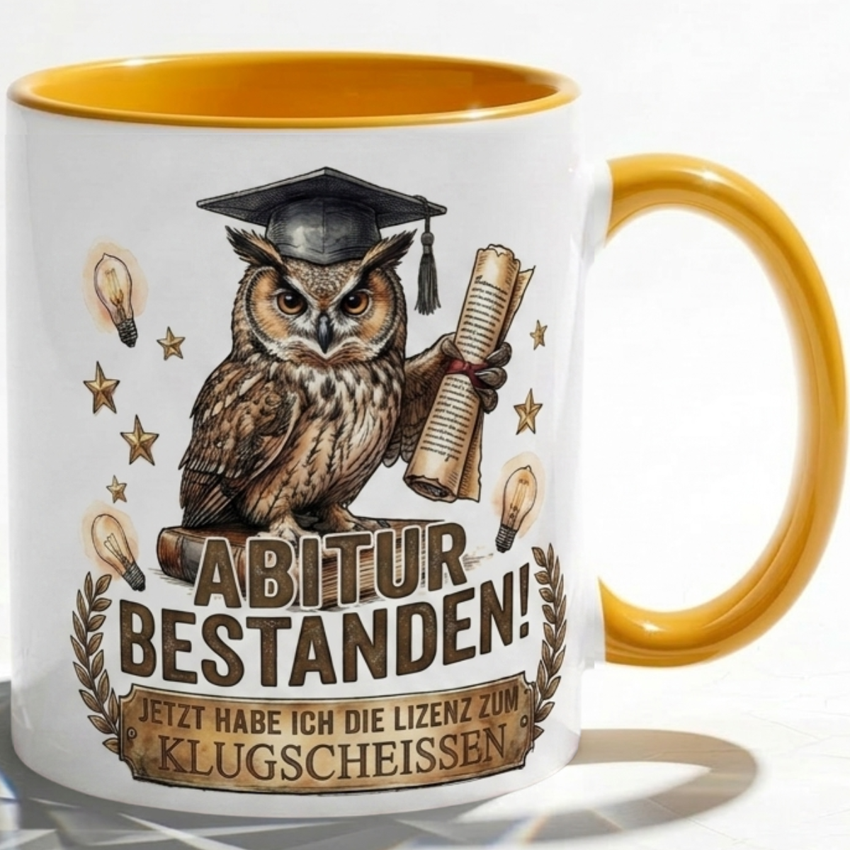 Abitur Tasse Spruch Abitur Bestanden Jetzt habe ich die Lizenz zum Klugscheissen – Lustiges Geschenk Abi Prüfung Schulabschluss 2027 Eule – Kaffeetasse – Keramik Becher Weiß Rot Dunkelrot 330m