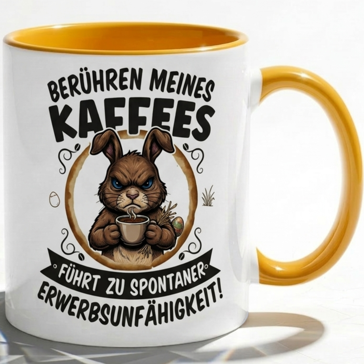 Lustige Hase Tasse Spruch Berühren meines Kaffees führt zu spontaner Erwerbsunfähigkeit – Witzige Kaffeetasse Büro Arbeit Job Humor Morgenmuffel – Geschenk Kollegen – Keramik Becher 330ml