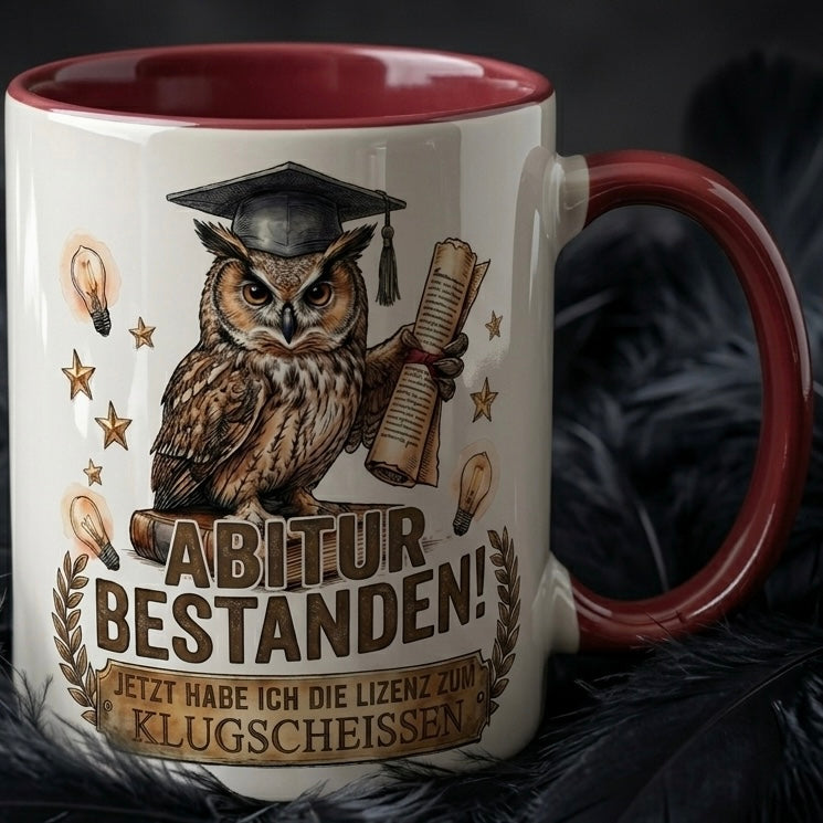 Abitur Tasse Spruch Abitur Bestanden Jetzt habe ich die Lizenz zum Klugscheissen – Lustiges Geschenk Abi Prüfung Schulabschluss 2027 Eule – Kaffeetasse – Keramik Becher Weiß Rot Dunkelrot 330m