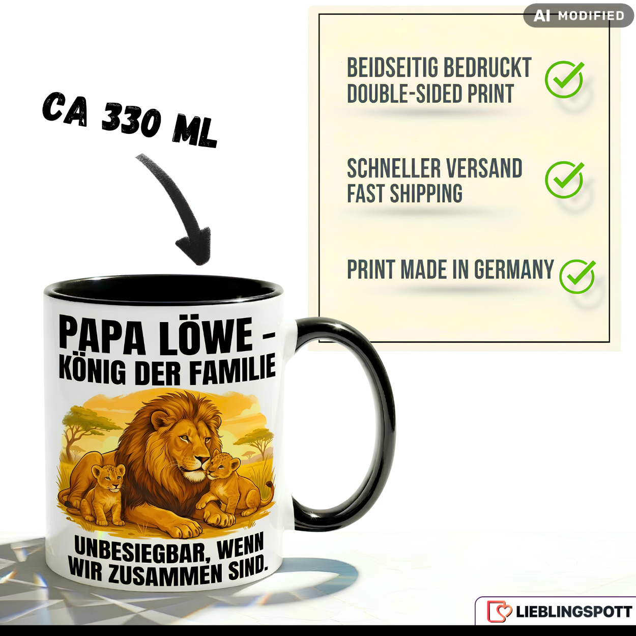 Papa Tasse Spruch Papa Löwe König der Familie Unbesiegbar wenn wir zusammen sind – Geschenk für Vater zum Vatertag Geburtstag Weihnachten – Kaffeetasse Löwen Motiv – Keramik Becher Weiß Schwarz 330ml