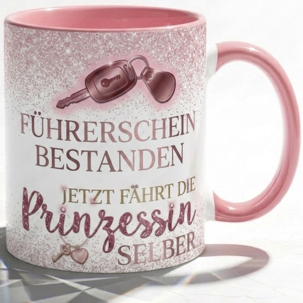 Tasse Führerschein Bestanden Spruch Jetzt fährt die Prinzessin selber – Geschenk zur bestandenen Führerscheinprüfung Frauen Tochter Freundin – Kaffeetasse Keramik Becher Weiß Rosa 330ml
