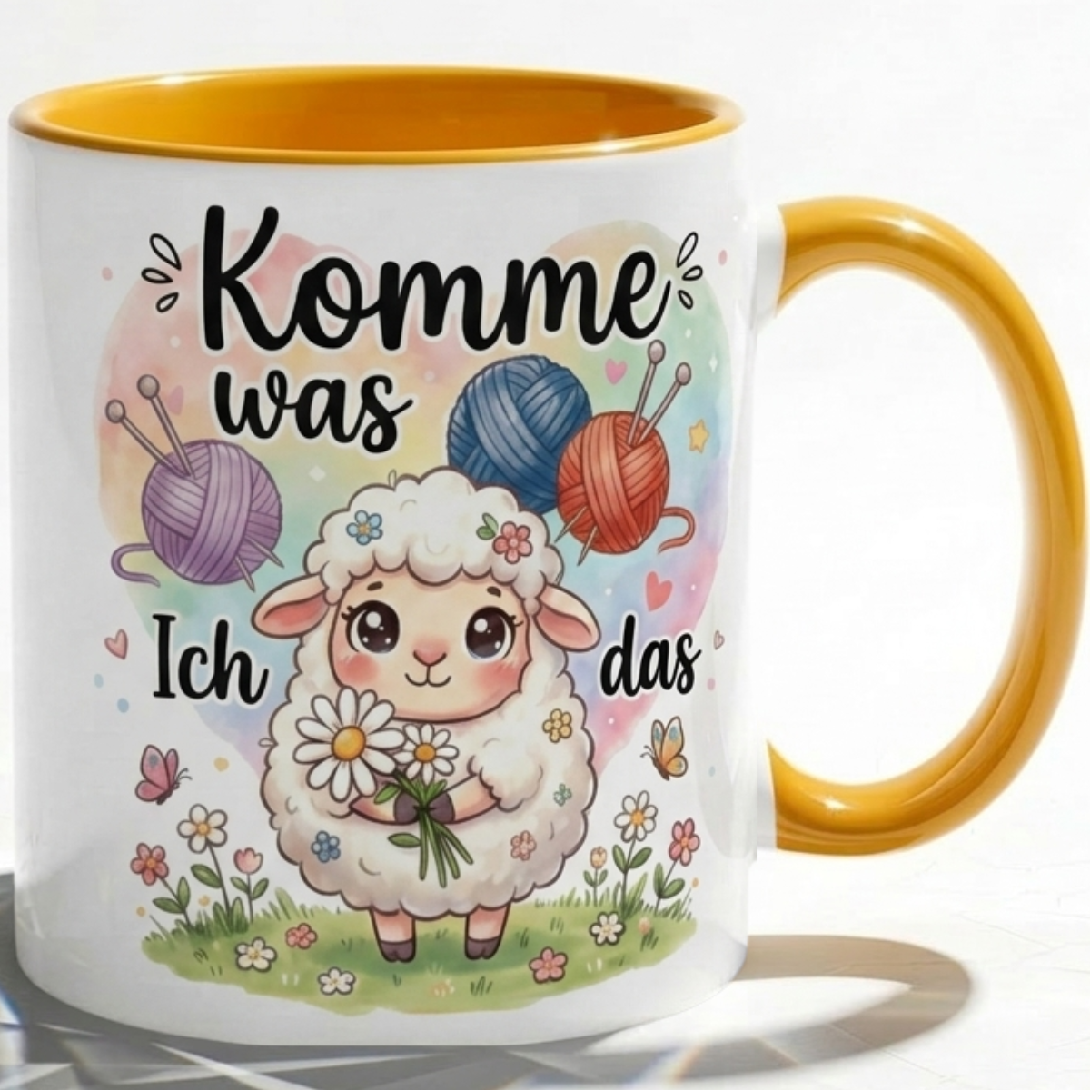 Lustige Schaf Tasse Spruch Komme was wolle Ich schaf das – Witzige Kaffeetasse Stricken Häkeln Wolle Handarbeit Motiv – Geschenk Freundin Geburtstag Mutmacher – Keramik Becher 330ml
