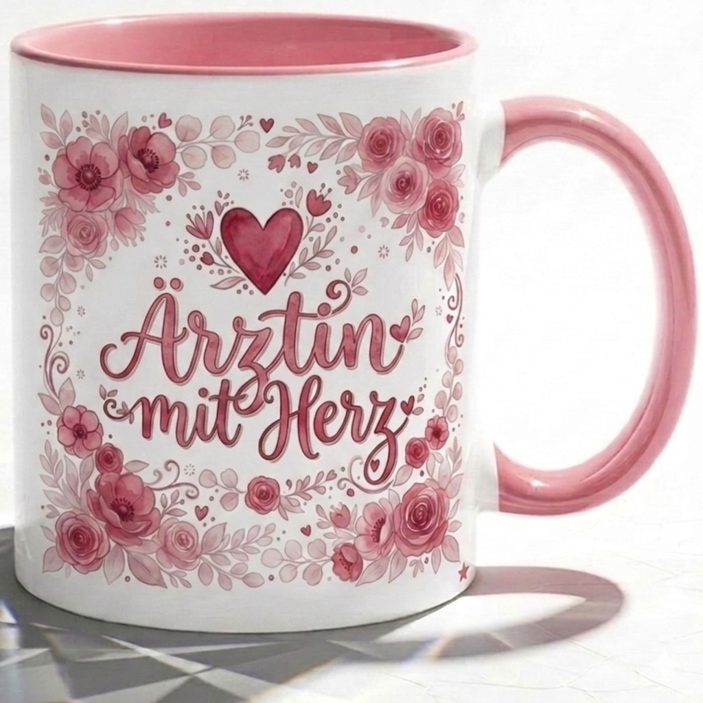 Ärztin Tasse Spruch Ärztin mit Herz – Geschenk für Medizinerin Doktorin Medizinstudium Promotion Abschied – Kaffeetasse Blumen – Keramik Becher Weiß Rosa 330ml
