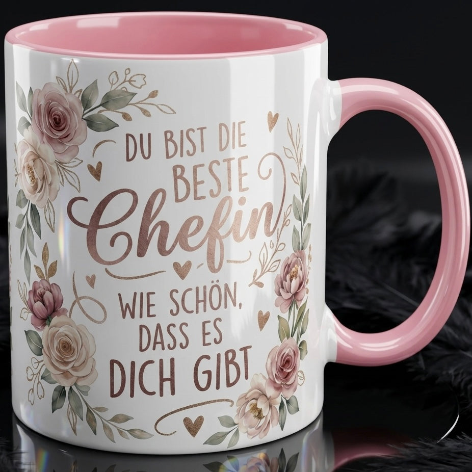 Chefin Tasse Spruch Du bist die beste Chefin Wie schön dass es dich gibt – Geschenk für Vorgesetzte Geburtstag Danke Abschied Weihnachten – Kaffeetasse Blumen – Keramik Becher Weiß Rosa 330ml