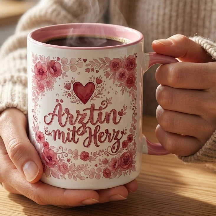 Ärztin Tasse Spruch Ärztin mit Herz – Geschenk für Medizinerin Doktorin Medizinstudium Promotion Abschied – Kaffeetasse Blumen – Keramik Becher Weiß Rosa 330ml
