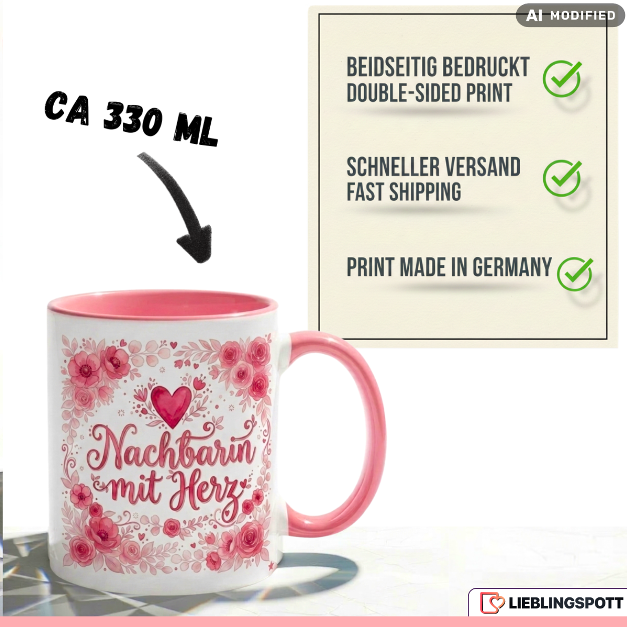 Nachbarin Tasse mit Herz Spruch Geschenk Geburtstag Rosa Becher 330ml