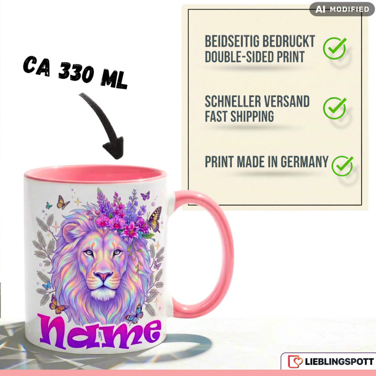Löwe Tasse Name personalisiert Geschenk Mädchen Lila Becher 330ml
