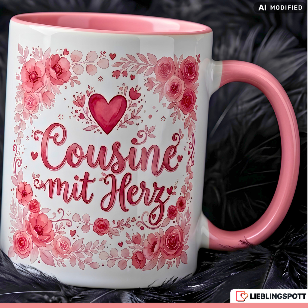 Cousine Tasse mit Herz Spruch Geschenk Geburtstag Rosa Becher 330ml