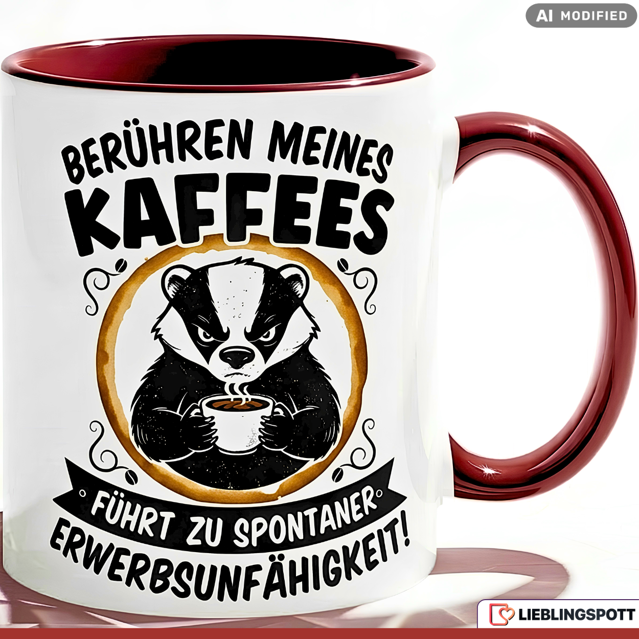 Lustige Dachs Tasse Spruch Berühren meines Kaffees führt zu spontaner Erwerbsunfähigkeit – Witzige Kaffeetasse Büro Arbeit Job – Geschenk Kollegen Chef Humor – Keramik 330ml