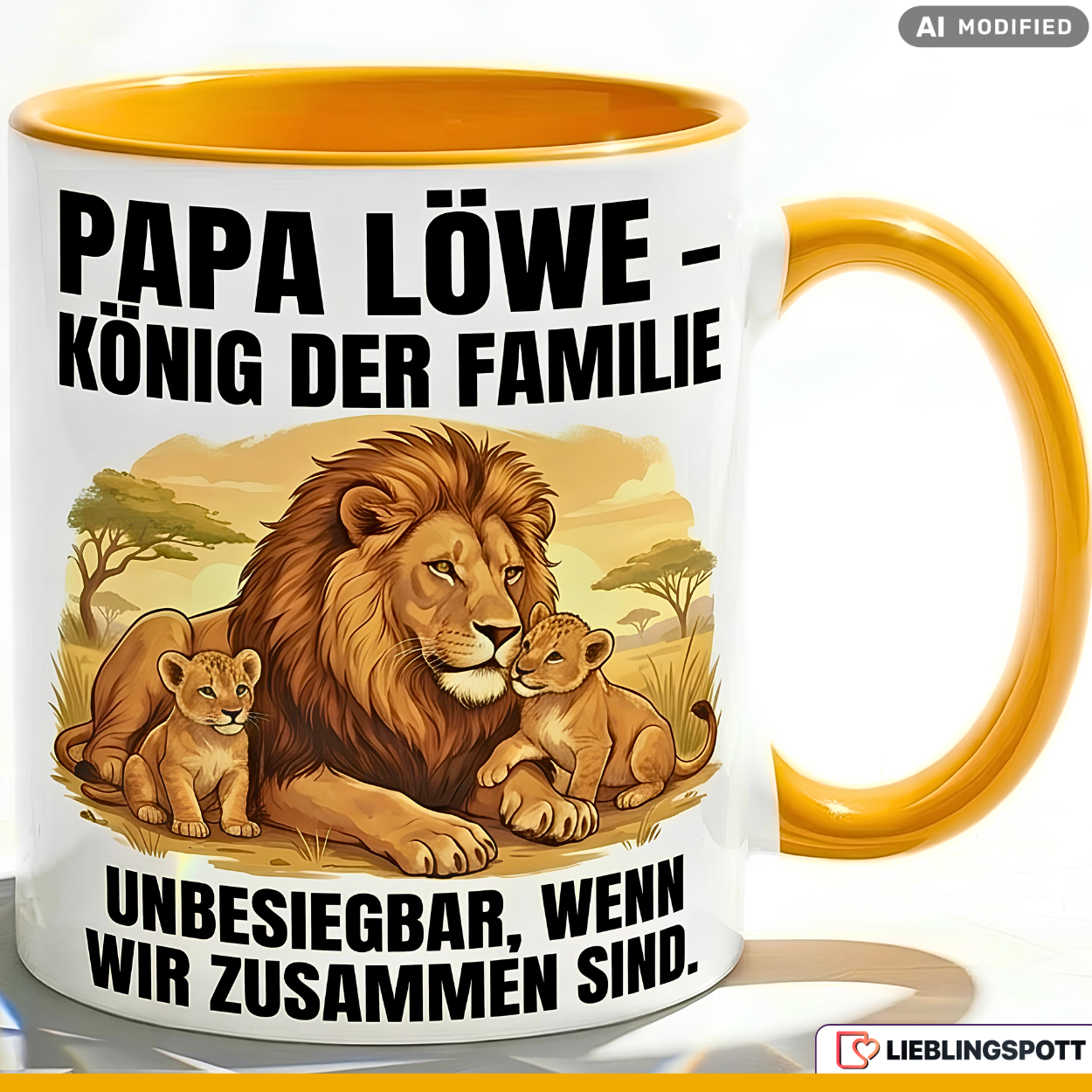 Papa Tasse Spruch Papa Löwe König der Familie Unbesiegbar wenn wir zusammen sind – Geschenk für Vater zum Vatertag Geburtstag Weihnachten – Kaffeetasse Löwen Motiv – Keramik Becher Weiß Schwarz 330ml