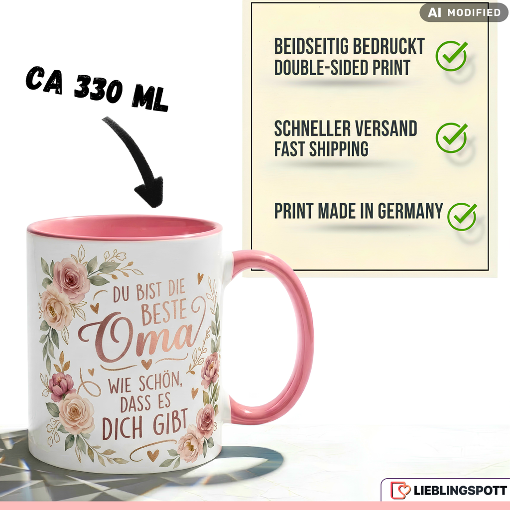 Oma Tasse Spruch Du bist die beste Oma Wie schön dass es dich gibt – Geschenk für Großmutter Geburtstag Danke Weihnachten Enkelkinder – Kaffeetasse Blumen – Keramik Becher Weiß Rosa 330ml