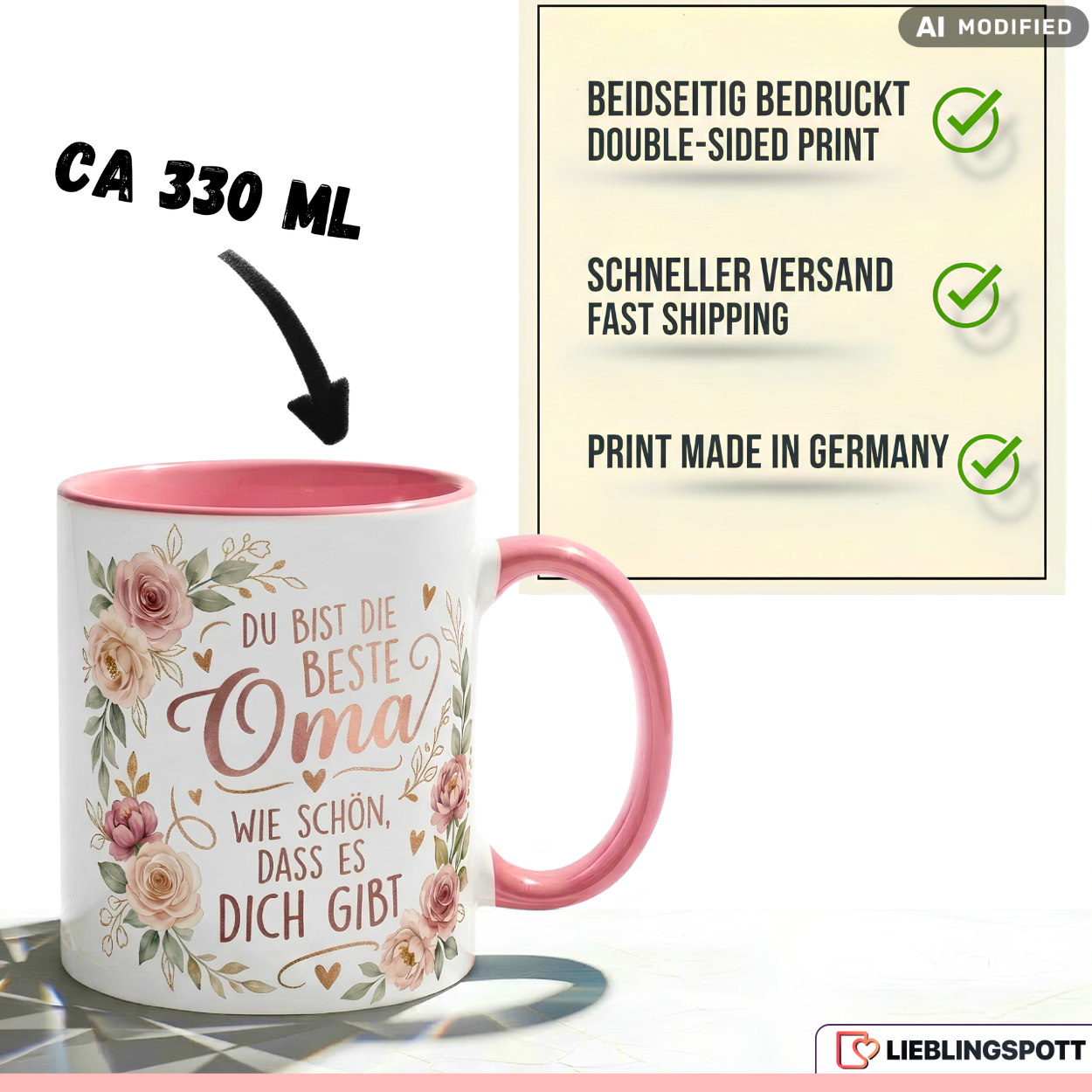 Oma Tasse Spruch Du bist die beste Oma Wie schön dass es dich gibt – Geschenk für Großmutter Geburtstag Danke Weihnachten Enkelkinder – Kaffeetasse Blumen – Keramik Becher Weiß Rosa 330ml