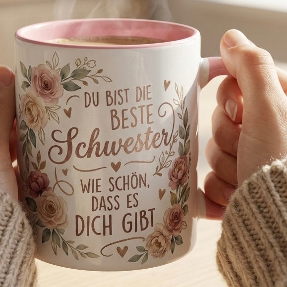 Schwester Tasse Spruch Du bist die beste Schwester Wie schön dass es dich gibt – Geschenk für Schwestern Geburtstag Danke Weihnachten – Kaffeetasse Blumen – Keramik Becher Weiß Rosa 330ml