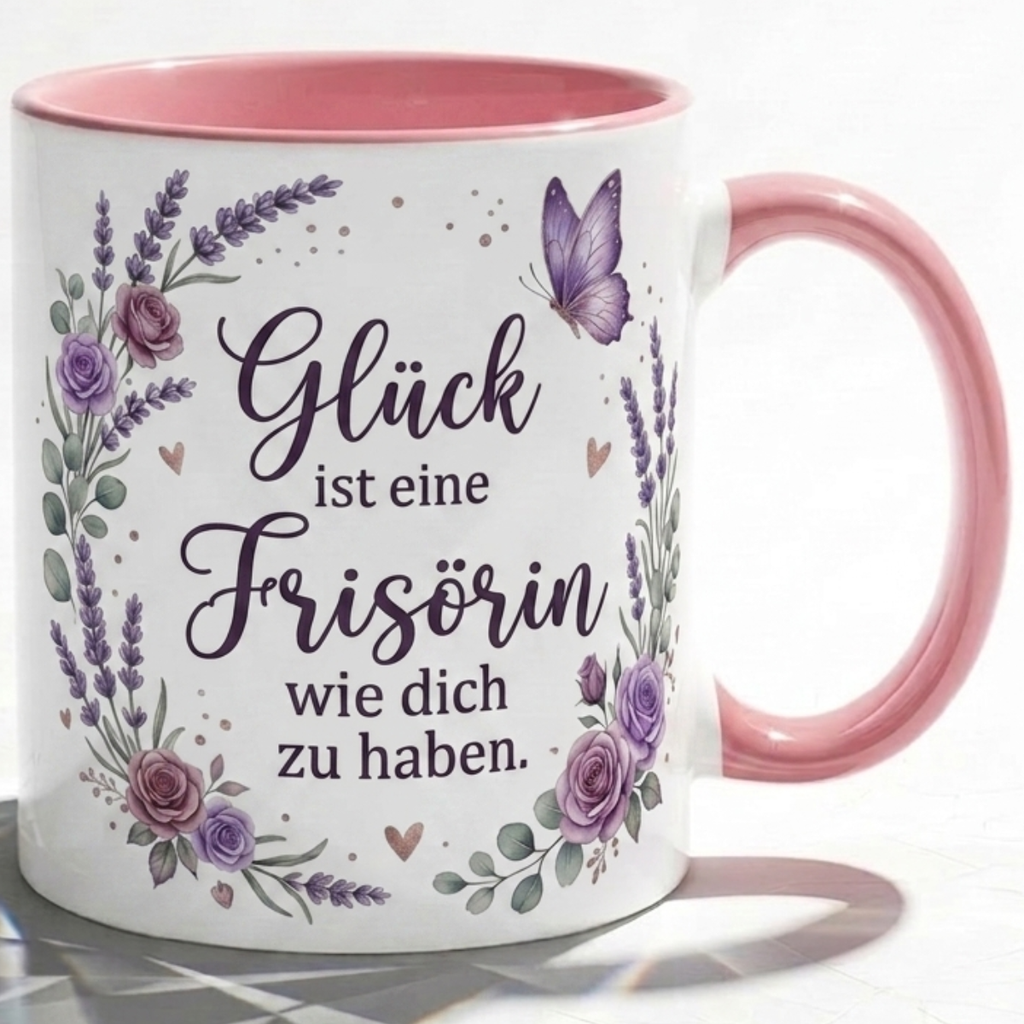 Frisörin Tasse Spruch Glück ist eine Frisörin wie dich zu haben – Geschenk Friseurin Salon Geburtstag Danke Abschied – Kaffeetasse Lavendel – Keramik Becher Weiß Rosa 330ml