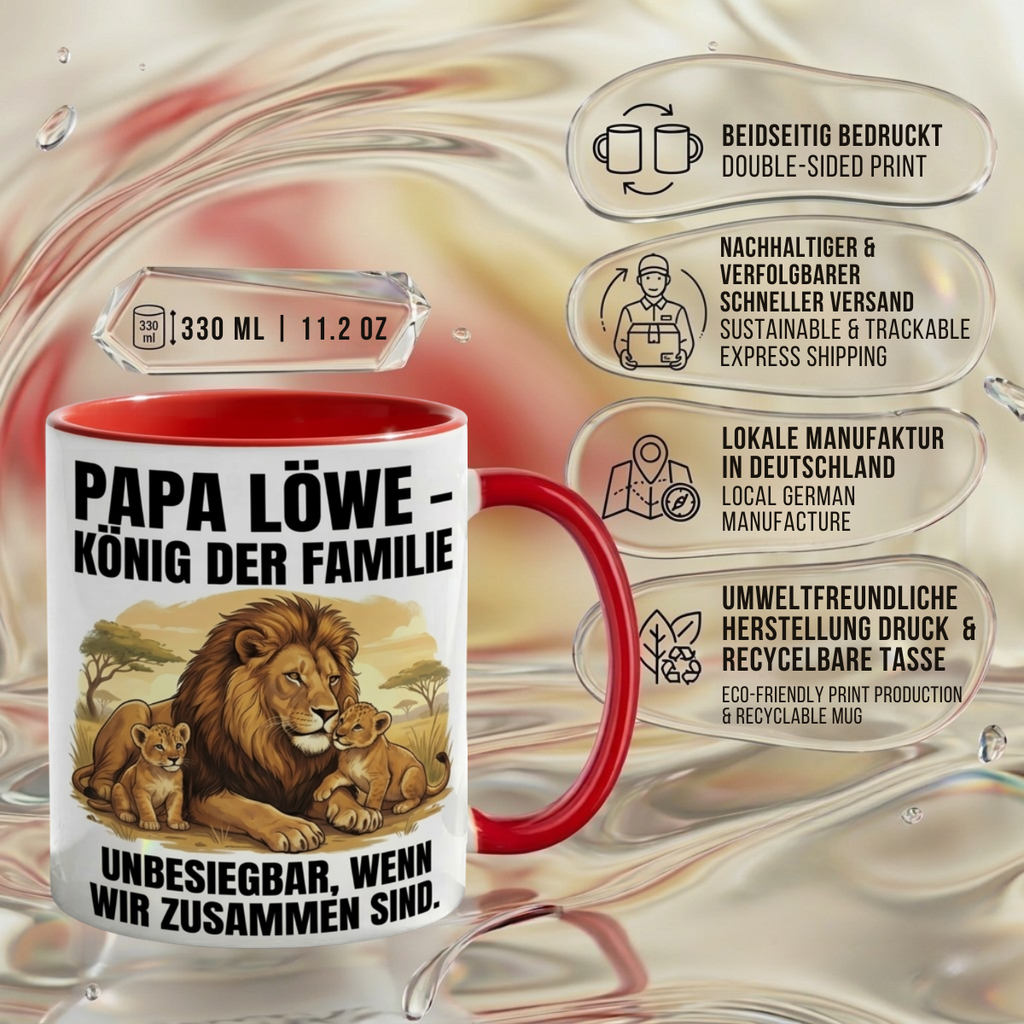 Papa Tasse Spruch Papa Löwe König der Familie Unbesiegbar wenn wir zusammen sind – Geschenk für Vater zum Vatertag Geburtstag Weihnachten – Kaffeetasse Löwen Motiv – Keramik Becher Weiß Schwarz 330ml