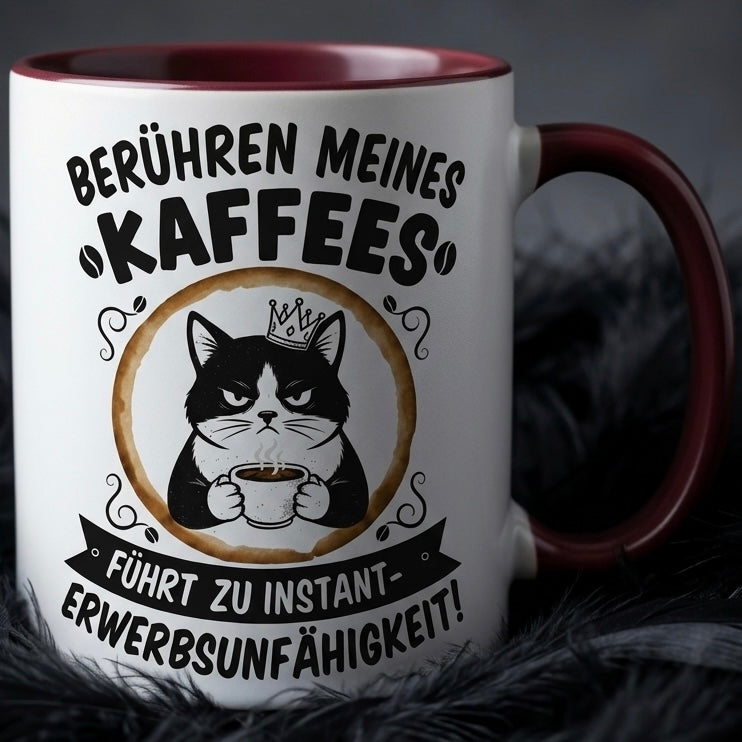 Lustige Katze Tasse Spruch Berühren meines Kaffees führt zu instant Erwerbsunfähigkeit – Witzige Kaffeetasse Büro Arbeit Job Humor – Geschenk Kollegen – Keramik Becher 330ml