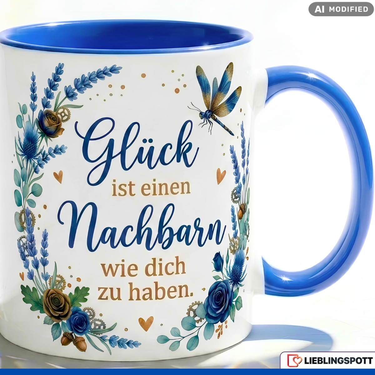 Nachbar Tasse Spruch Glück Geschenk Danke Geburtstag Blau Becher 330ml