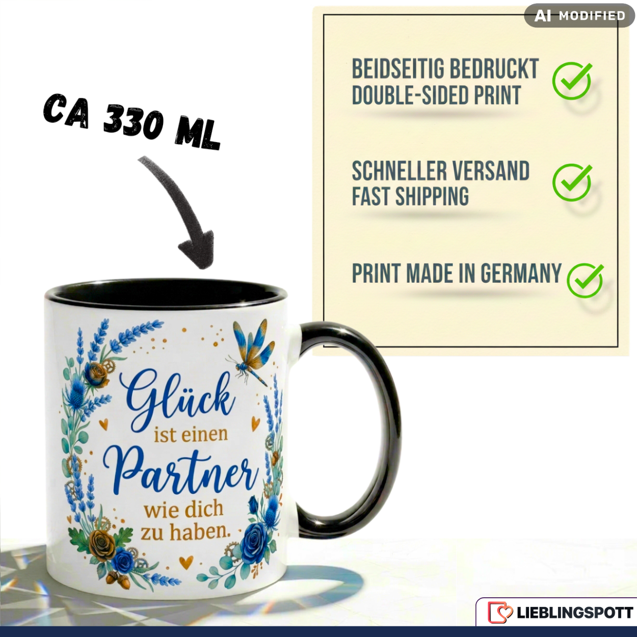 Partner Tasse Spruch Glück Geschenk Jahrestag Geburtstag Blau Becher 330ml