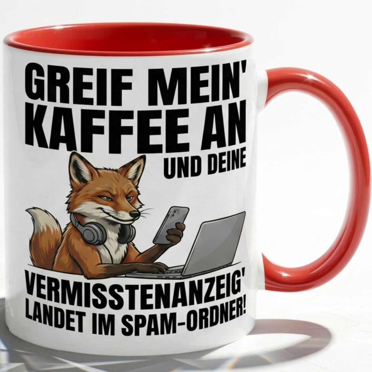 Lustige Fuchs Tasse Spruch Greif mein Kaffee an Vermisstenanzeig landet im Spam-Ordner – Witzige Kaffeetasse Büro Arbeit Job IT Hacker Humor – Geschenk Kollegen – Keramik Becher 330ml