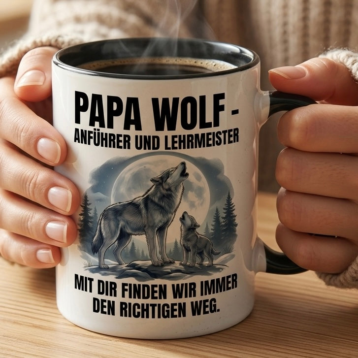 Papa Tasse Spruch Papa Wolf Anführer Lehrmeister Mit dir finden wir immer den richtigen Weg – Geschenk für Vater zum Vatertag Geburtstag Weihnachten – Kaffeetasse Wolf Motiv – Keramik 330ml