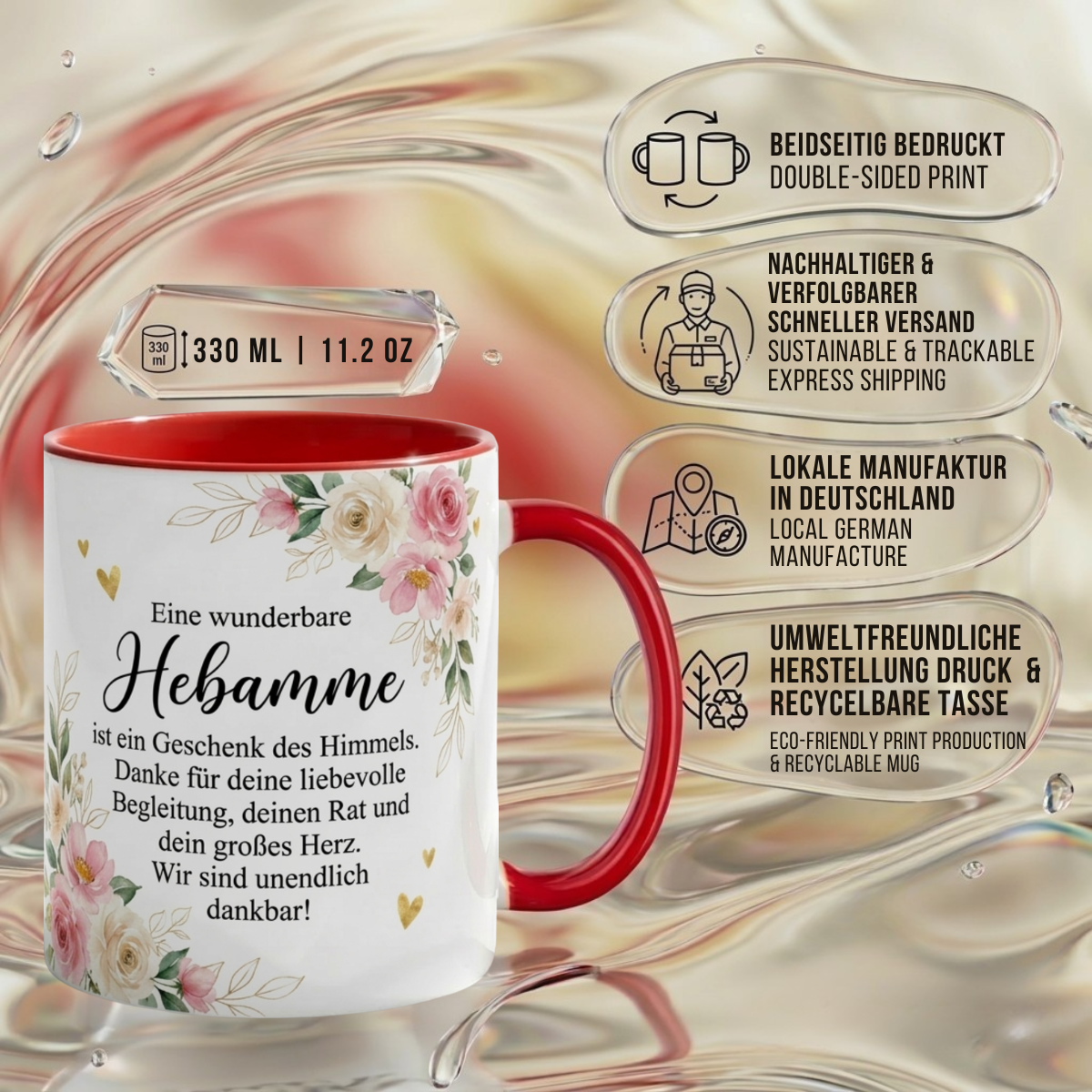 Tasse für Hebamme Geschenk mit Blumen Spruch Danke für deine Begleitung Liebe