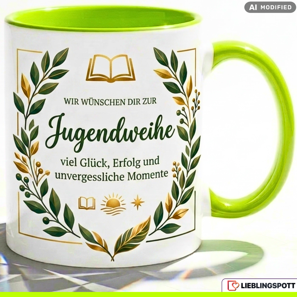 Jugendweihe Tasse Spruch Geschenk viel Glück Junge Blauer Becher 330ml