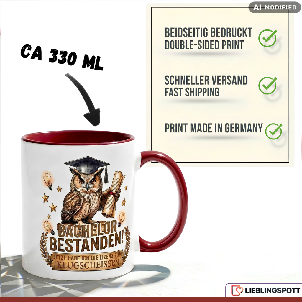 Bachelor Tasse Spruch Bestanden Geschenk Abschluss Schwarz Becher 330ml