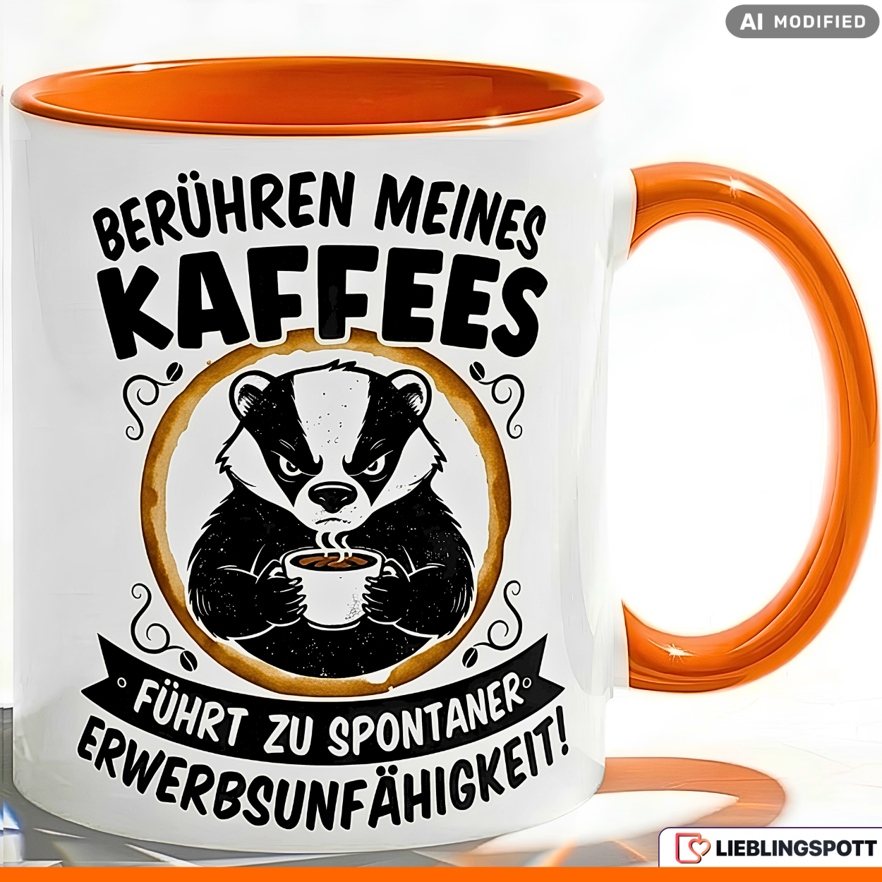 Lustige Dachs Tasse Spruch Berühren meines Kaffees führt zu spontaner Erwerbsunfähigkeit – Witzige Kaffeetasse Büro Arbeit Job – Geschenk Kollegen Chef Humor – Keramik 330ml