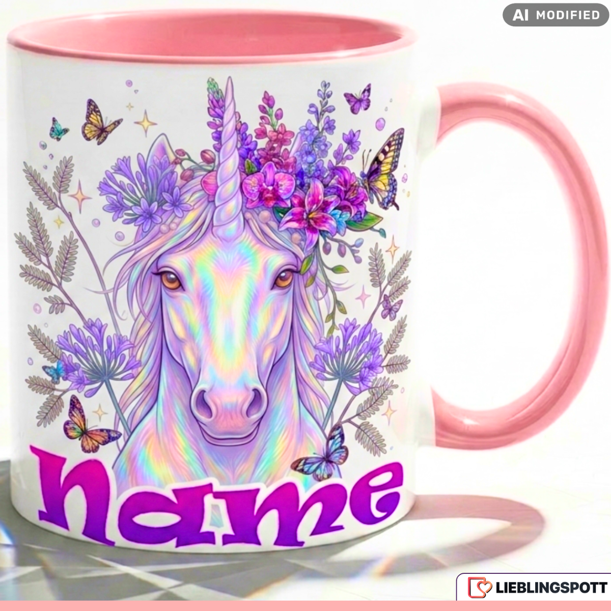 Einhorn Tasse Name personalisiert Geschenk Mädchen Lila Becher 330ml