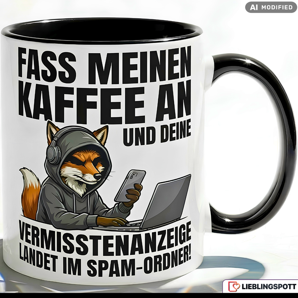 Fox Mug Saying Touch My Coffee and a Missing Persons Report Lands in Your Spam Folder – Funny Coffee Mug Office Work Job IT Hacker Humor – Gift for Colleagues – Ceramic Mug 330ml