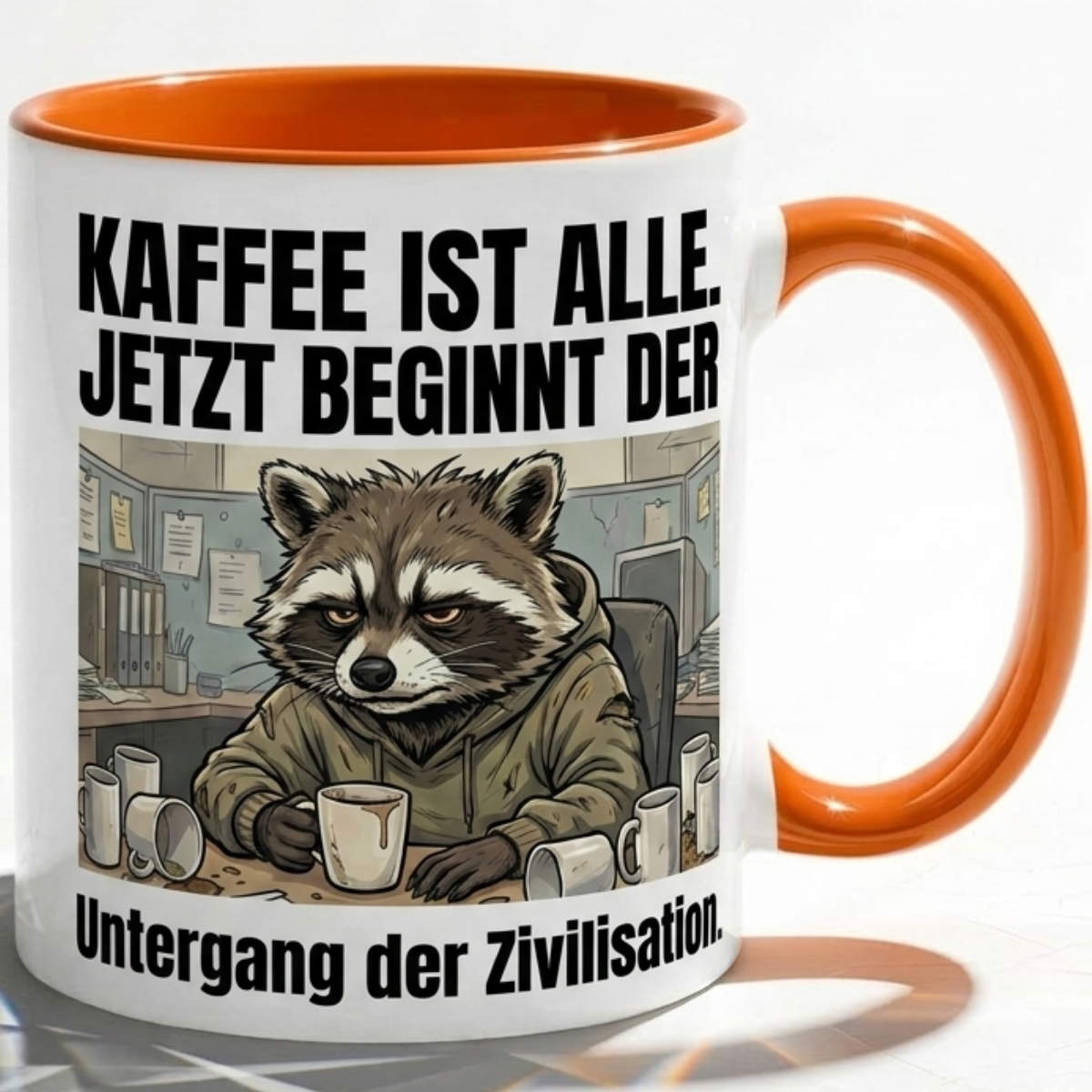 Waschbär Tasse Spruch Kaffee ist alle Jetzt beginnt der Untergang der Zivilisation – Witzige Kaffeetasse Büro Arbeit Job Humor – Geschenk Kollegen – Keramik Becher  330ml