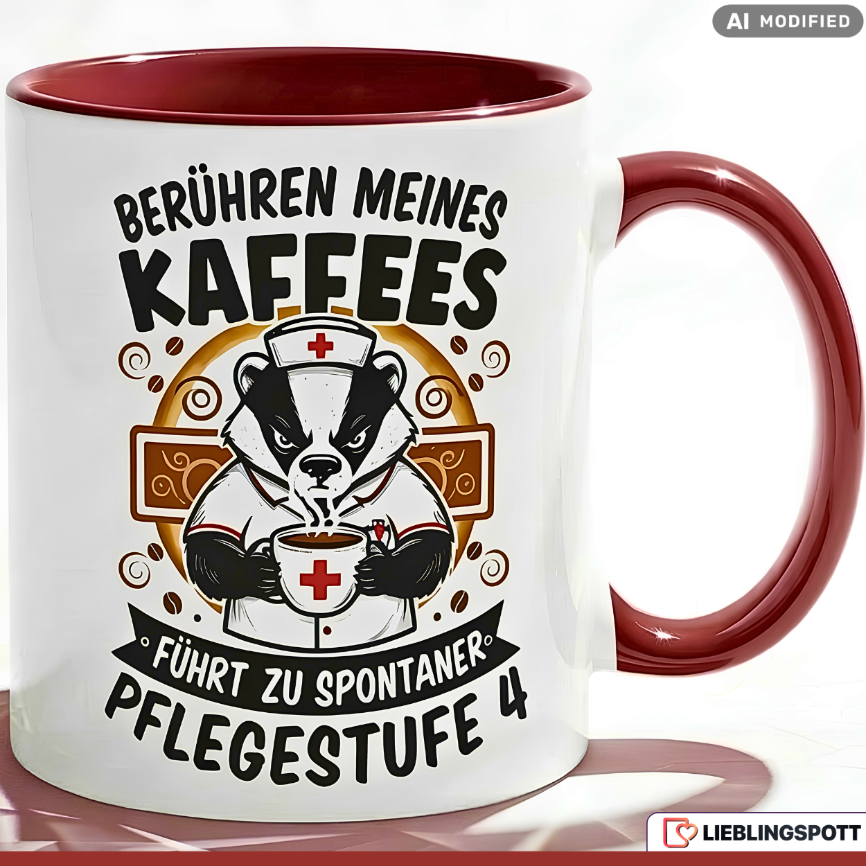 Lustige Dachs Tasse Spruch Berühren meines Kaffees führt zu spontaner Pflegestufe 4 – Witzige Kaffeetasse Pflegekraft Krankenschwester Pfleger – Geschenk Krankenhaus Altenpflege – Keramik 330ml