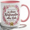 Konfirmation Tasse Spruch Wir wünschen dir zu deiner Konfirmation alles Liebe – Christliches Geschenk für Mädchen Teenager Patenkind 2027 – Kaffeetasse Blumen – Keramik Becher Weiß Rosa 330m