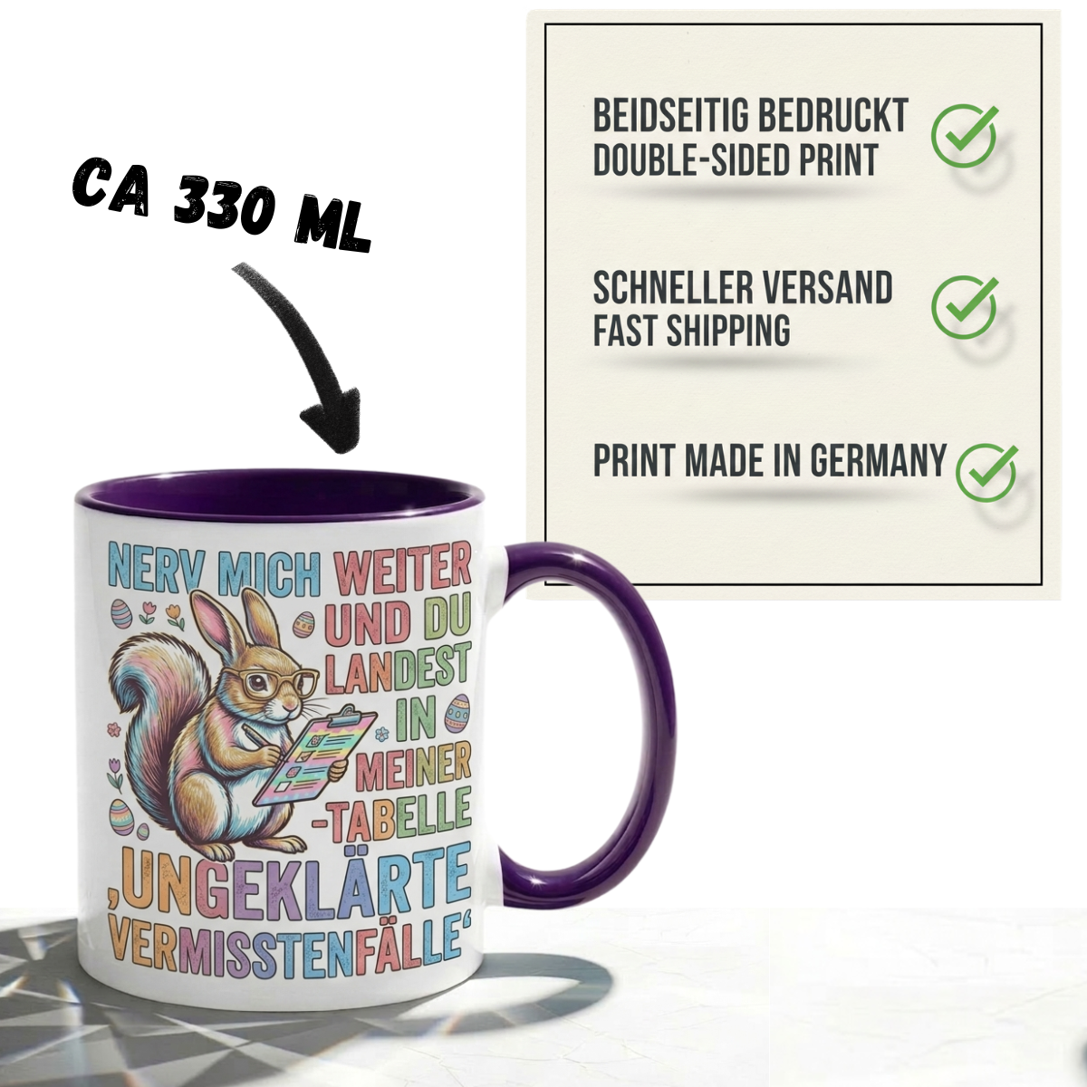 Bürotasse Spruch Nerv mich weiter und du landest in meiner Tabelle ungeklärte Vermisstenfälle – Lustiges Geschenk Kollegen Büro Humor Eichhörnchen – Kaffeetasse – Keramik Becher 330ml