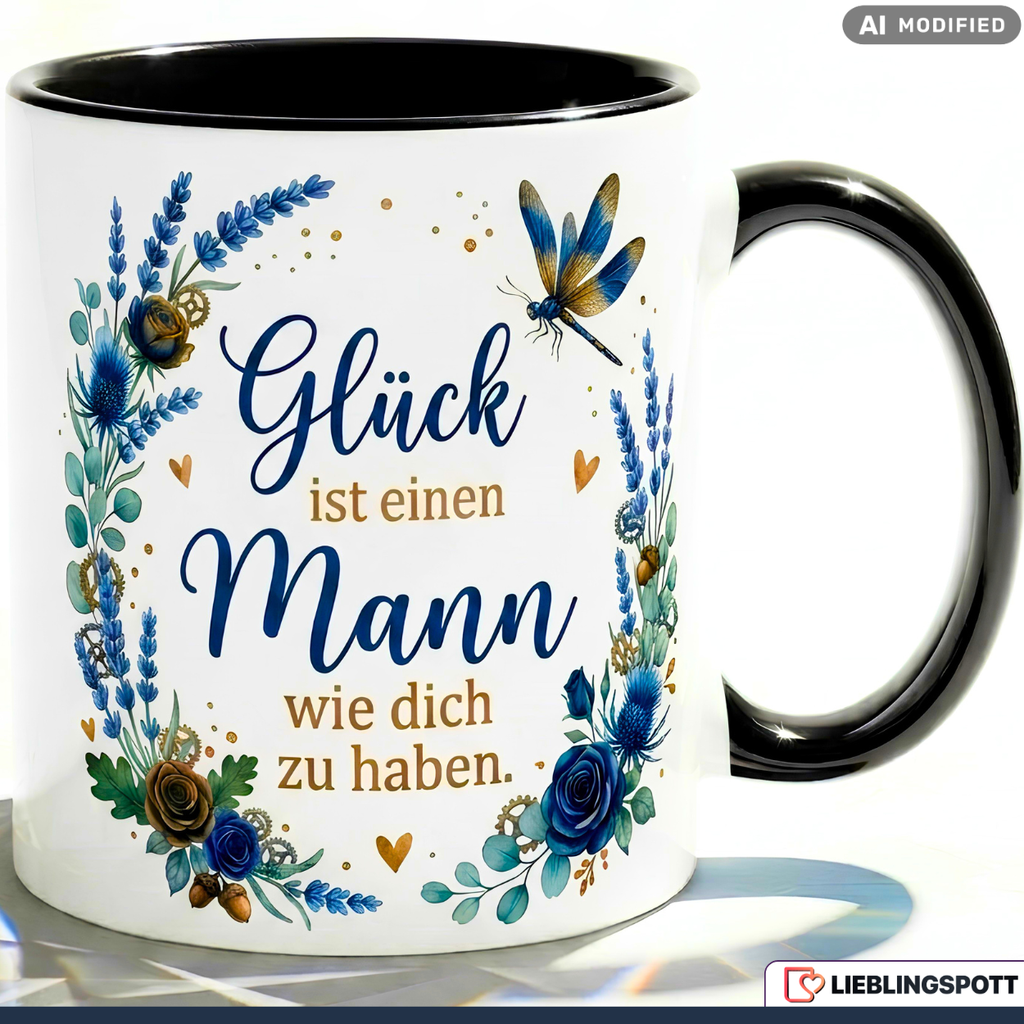 Mann Tasse Spruch Glück Geschenk Jahrestag Geburtstag Blau Becher 330ml