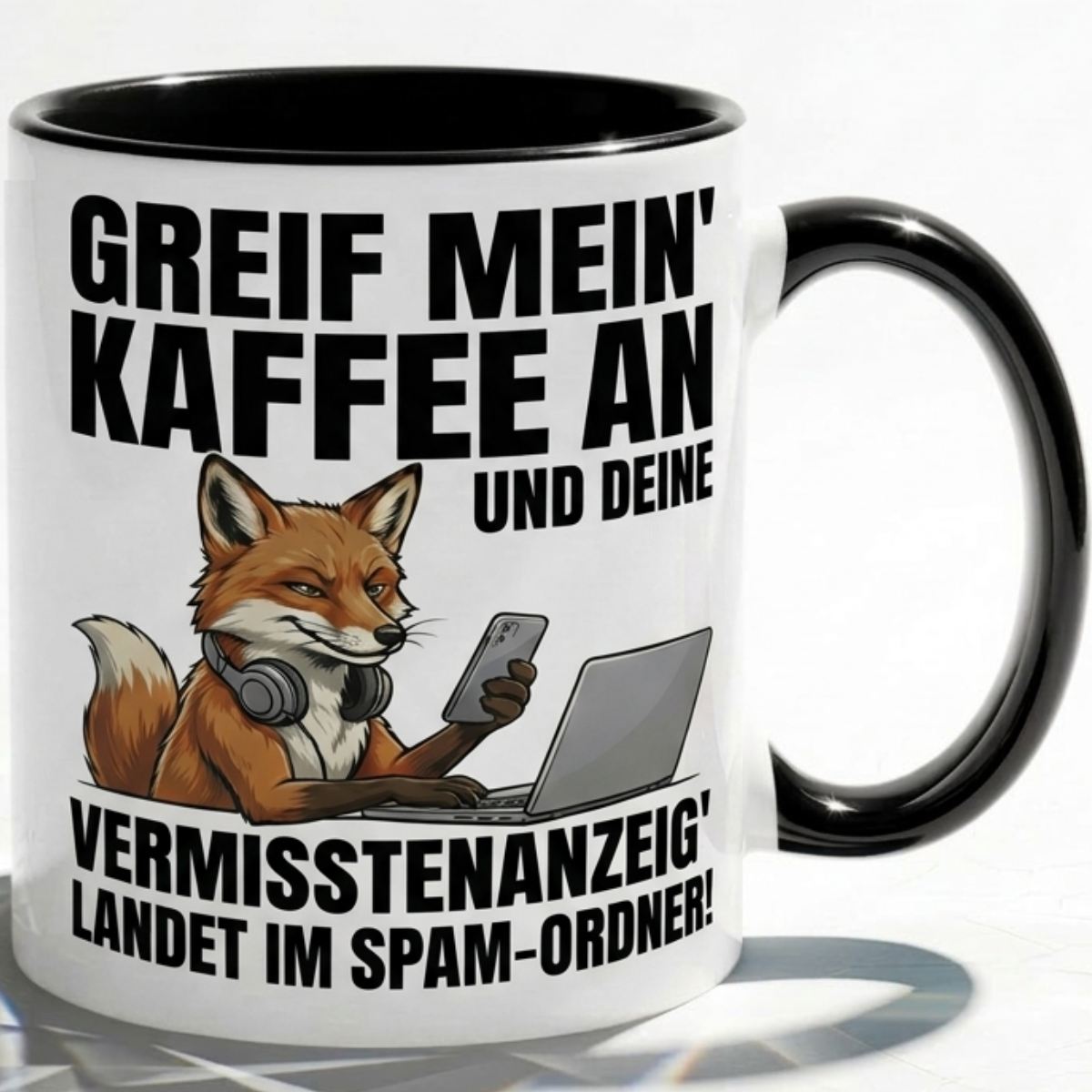 Lustige Fuchs Tasse Spruch Greif mein Kaffee an Vermisstenanzeig landet im Spam-Ordner – Witzige Kaffeetasse Büro Arbeit Job IT Hacker Humor – Geschenk Kollegen – Keramik Becher 330ml