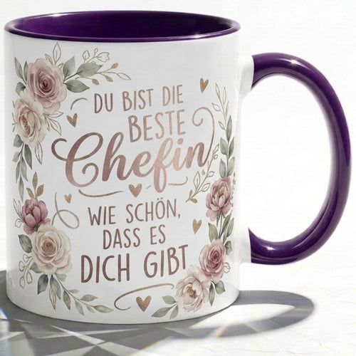 Chefin Tasse Spruch Du bist die beste Chefin Wie schön dass es dich gibt – Geschenk für Vorgesetzte Geburtstag Danke Abschied Weihnachten – Kaffeetasse Blumen – Keramik Becher Weiß Rosa 330ml