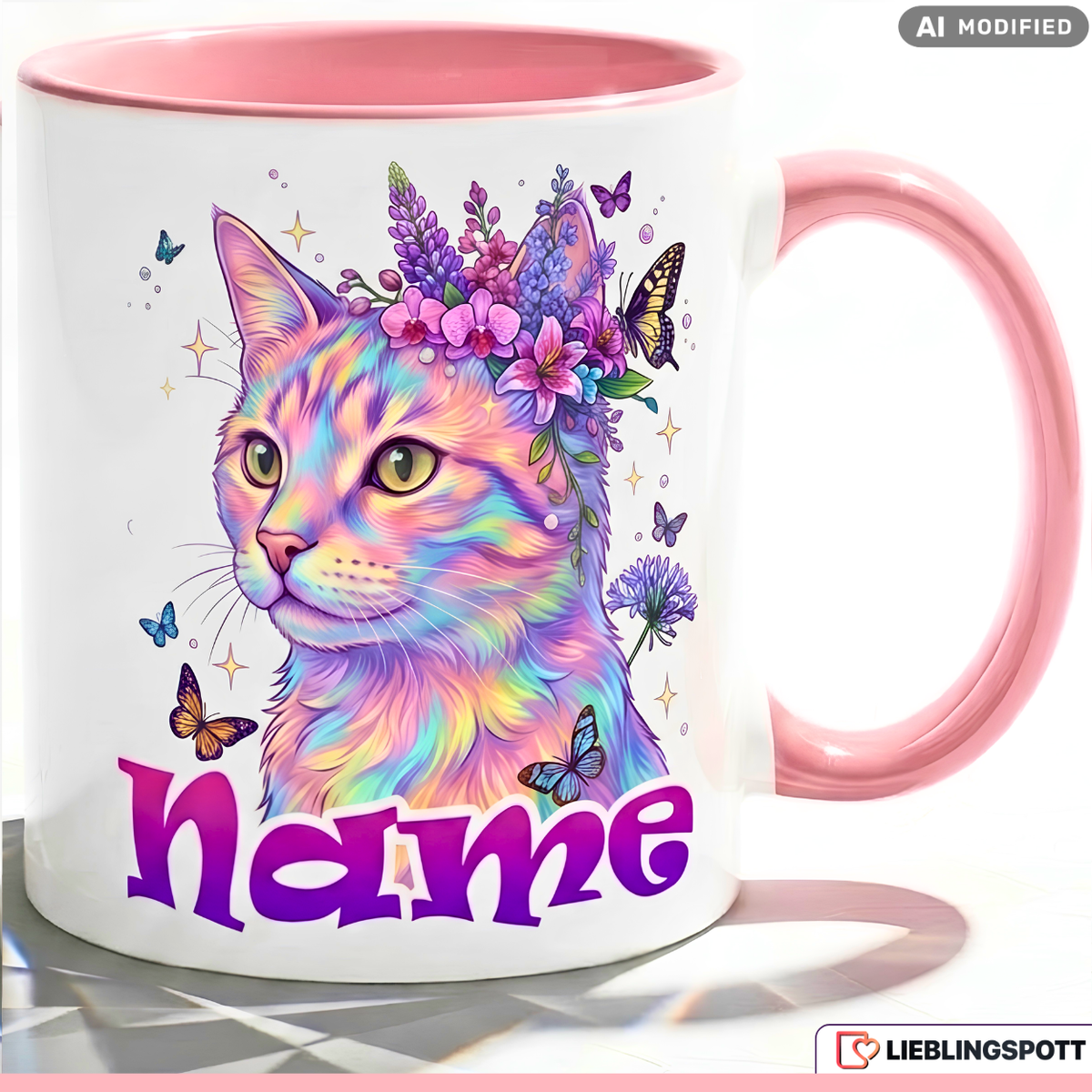 Katze Tasse Name personalisiert Geschenk Mädchen Lila Becher 330ml